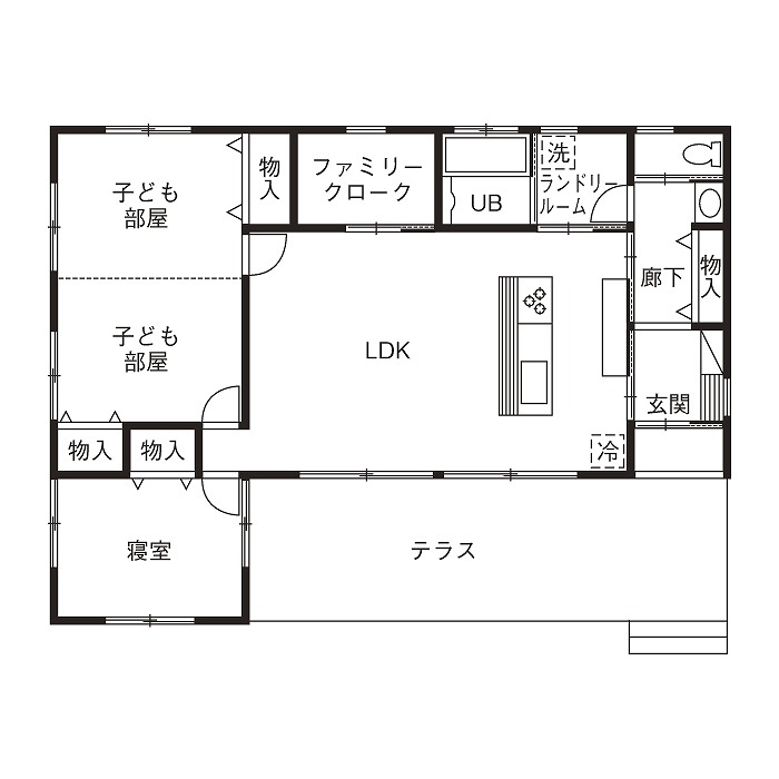 エイ・ワン(A-1 home) 【27.0坪/1380万円/平屋/間取り有】遊び心と暮らしやすさを予算内で実現したリゾートテイストの平屋の間取り図（3LDK）１階