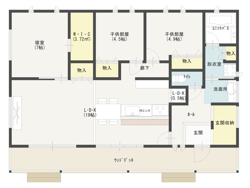 エイ・ワン(A-1 home) 【1000万円台/27.05坪/間取り有】アクセントウォール・クロス映えるカリフォルニア風デザインの平屋の間取り図（3LDK+SIC+WIC）１階