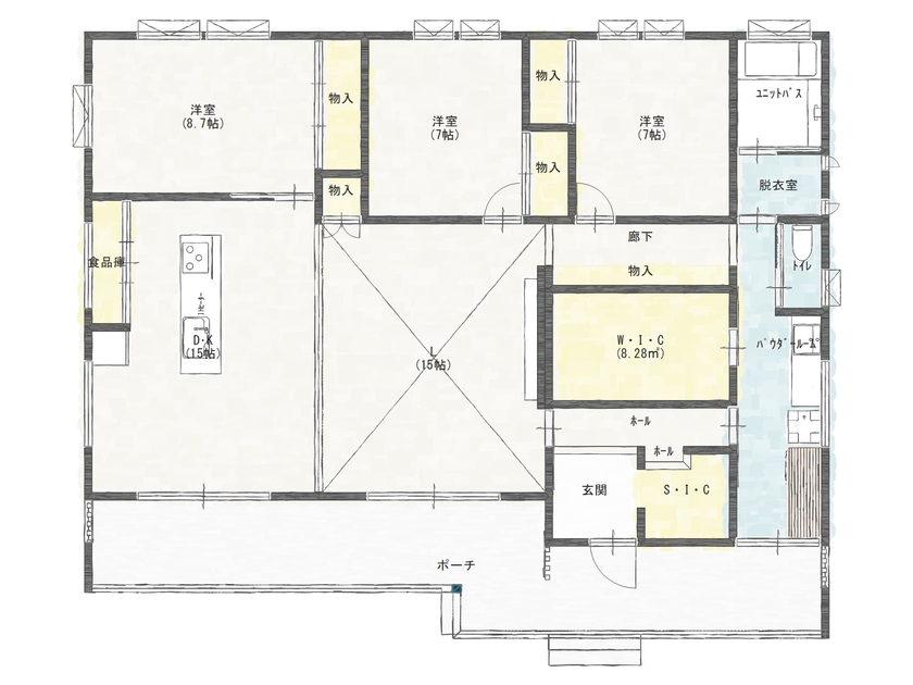 エイ・ワン(A-1 home) 【41.5坪/2000万円台/平屋/間取り有】カッコイイと暮らしやすい、どちらも叶えた5種の木の平屋の間取り図（3LDKS+WIC+SIC）１階