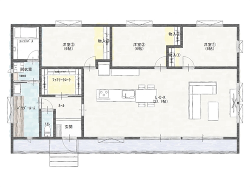 エイ・ワン(A-1 home) 【32坪/1800万円/平屋】安心とコスパを両立した32坪・27帖リビングの平屋の間取り図（3LDK）１階