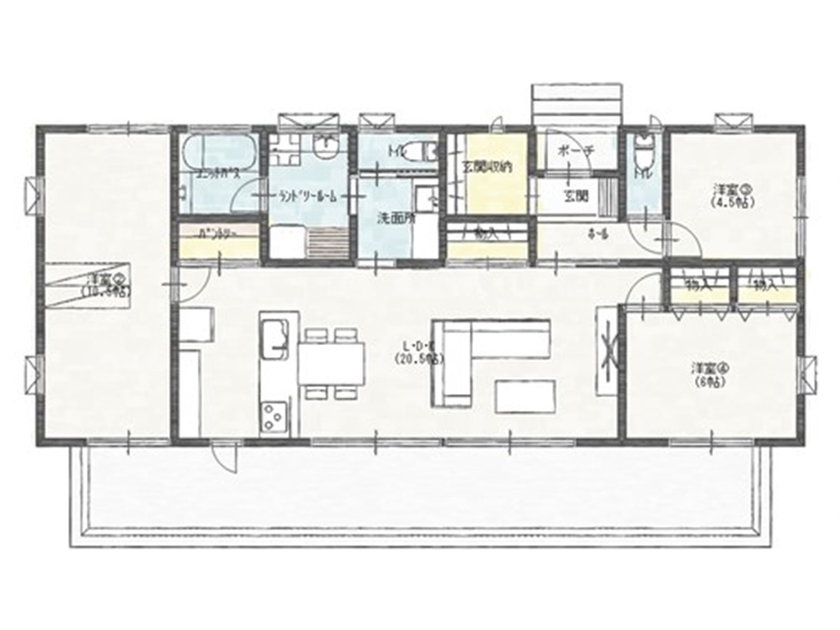 エイ・ワン(A-1 home) 【29坪/４LDK/平屋】敷地条件を活かした開放感あふれるサーファーズハウスの間取り図（4LDK）1階