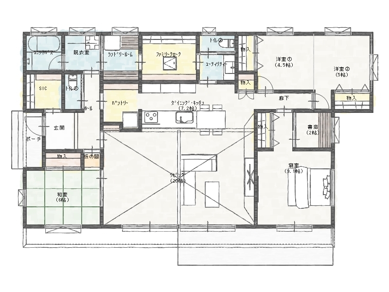 エイ・ワン(A-1 home) 【41坪/３LDK/平屋】家事ラク動線+大空間リビング　おうちカフェが楽しめる３LDK平屋の間取り図（3LDK）1階