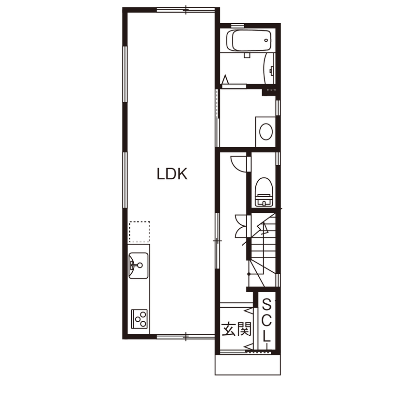 祥規建設 【京都市中京区／1000万円台／狭小地】住宅密集地で建てた3面採光、居心地のいいリビングがある家の間取り図（３LDK＋ロフト）1階