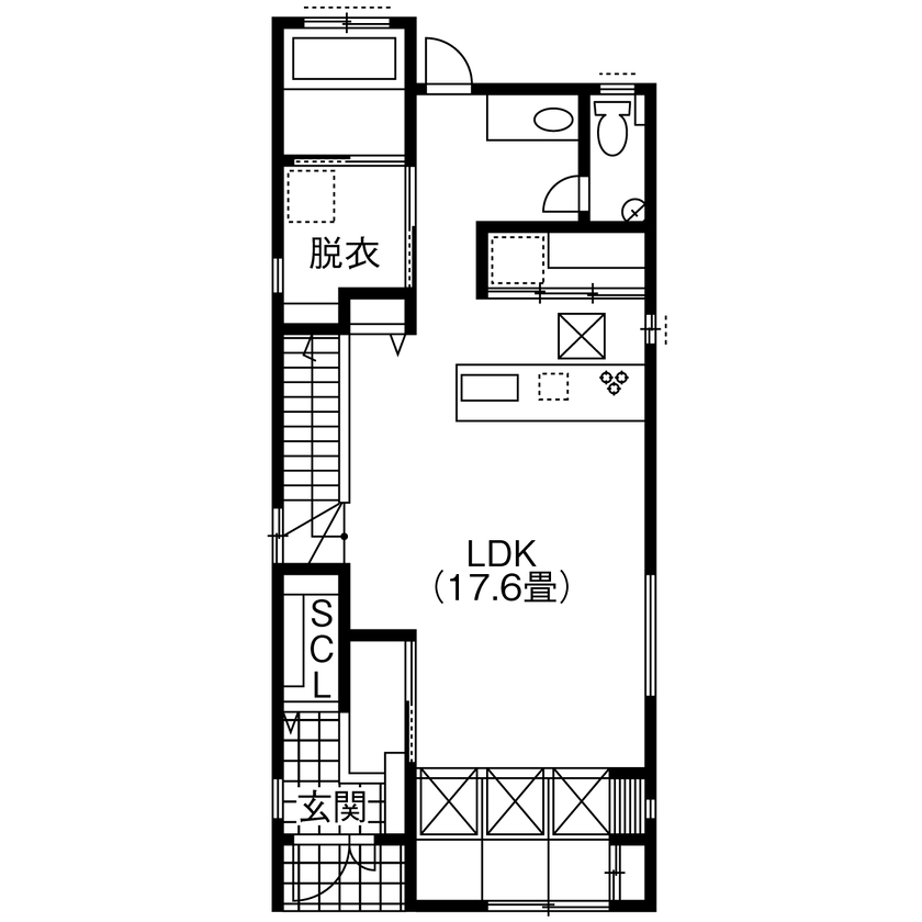 祥規建設 【宇治市／2000万円台／30坪台】屋上バルコニーが庭代わり！家族だけで楽しめるプライベート空間の間取り図（4LDK+ロフト+屋上）1階