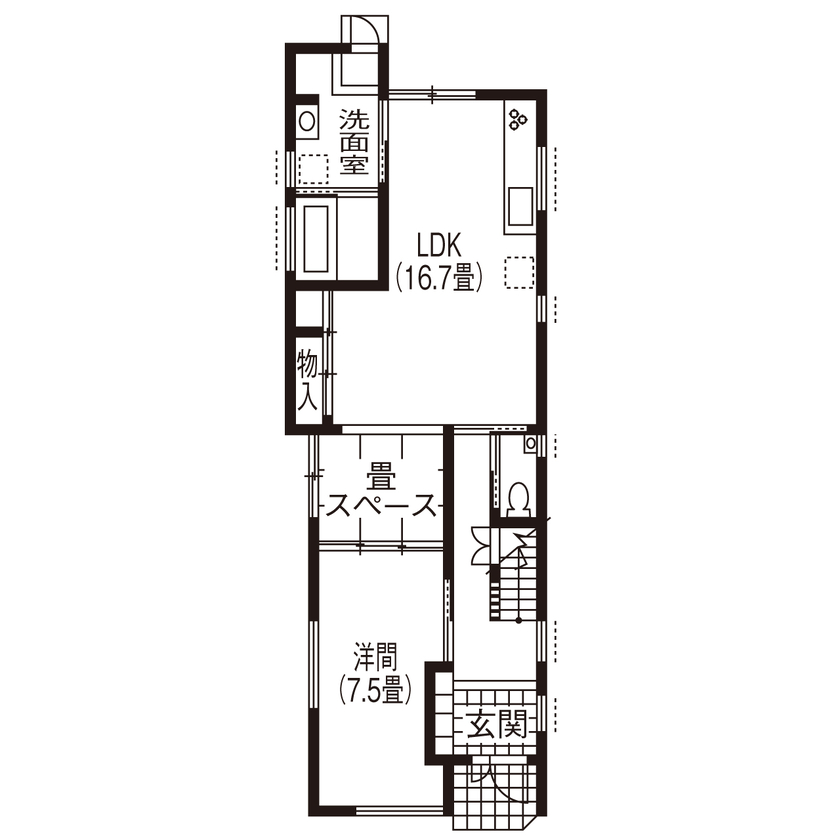 祥規建設 【京都市／2800万円台／約34坪／解体建て替え】細長い敷地に、回遊動線で快適性を叶えた家の間取り図（4LDK+S）1階