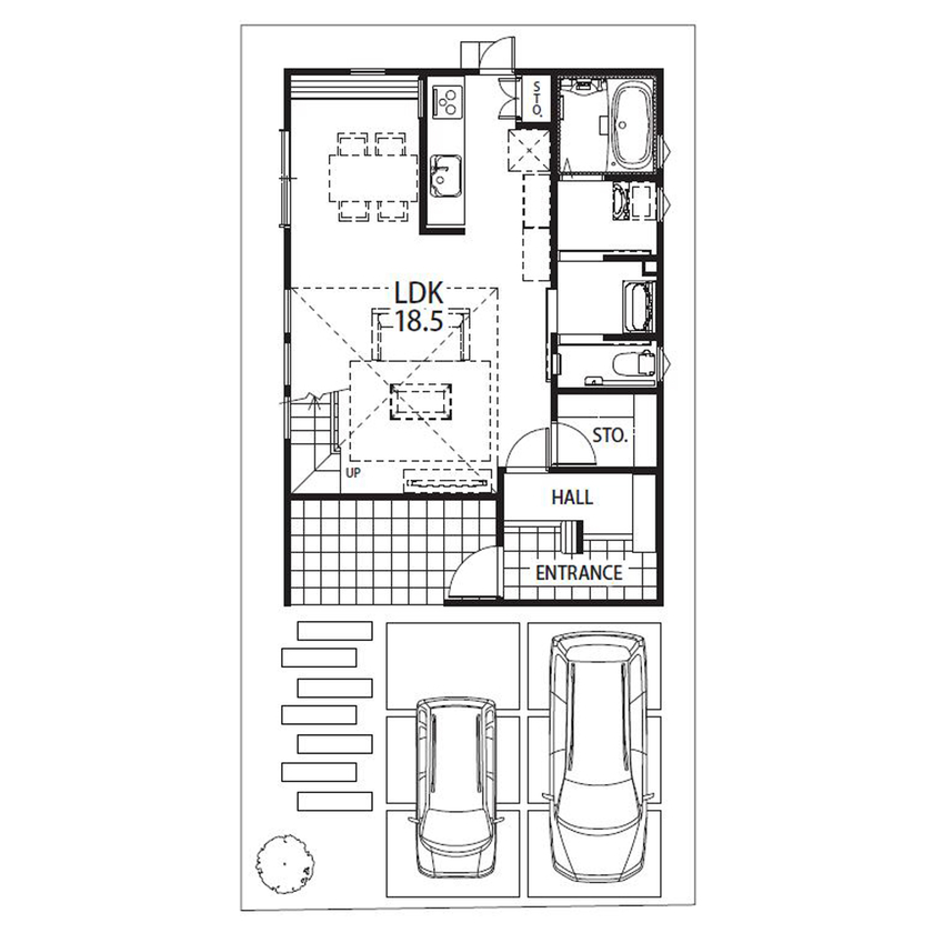 高栄ホーム　注文住宅部 【大津市】【1,500万円～2,000万円×間取り有】鉄骨階段のある大空間の家の間取り図（3LDK）1階