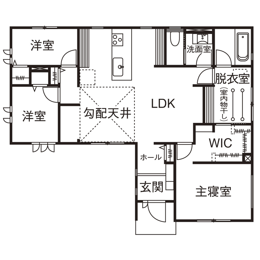 桧家住宅 【平屋／動線／間取図有】温もりのある空間と効率的な家事動線で、平屋ならではの快適な暮らしの間取り図（3LDK+WIC＋洗濯室）1階