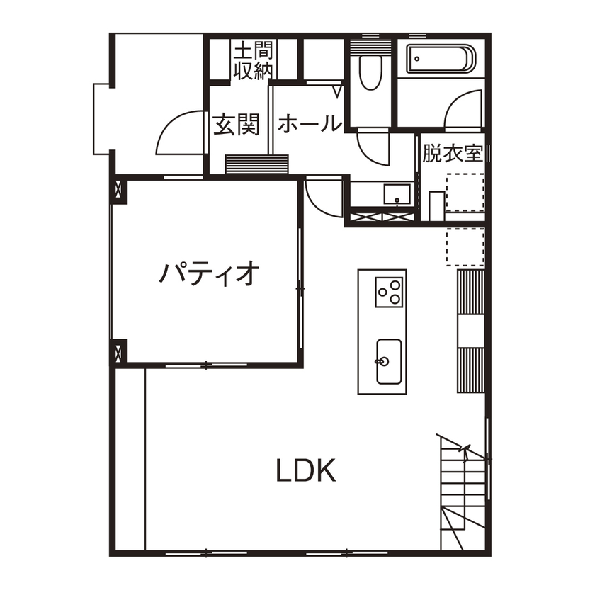 桧家住宅 【吹抜／パティオ／間取図】パティオがもたらす柔らかな光と開放感。毎日をリゾート気分にする住まいの間取り図（3LDK＋パティオ）1階