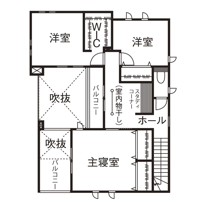 桧家住宅 【吹抜／パティオ／間取図】パティオがもたらす柔らかな光と開放感。毎日をリゾート気分にする住まいの間取り図（3LDK＋パティオ）2階