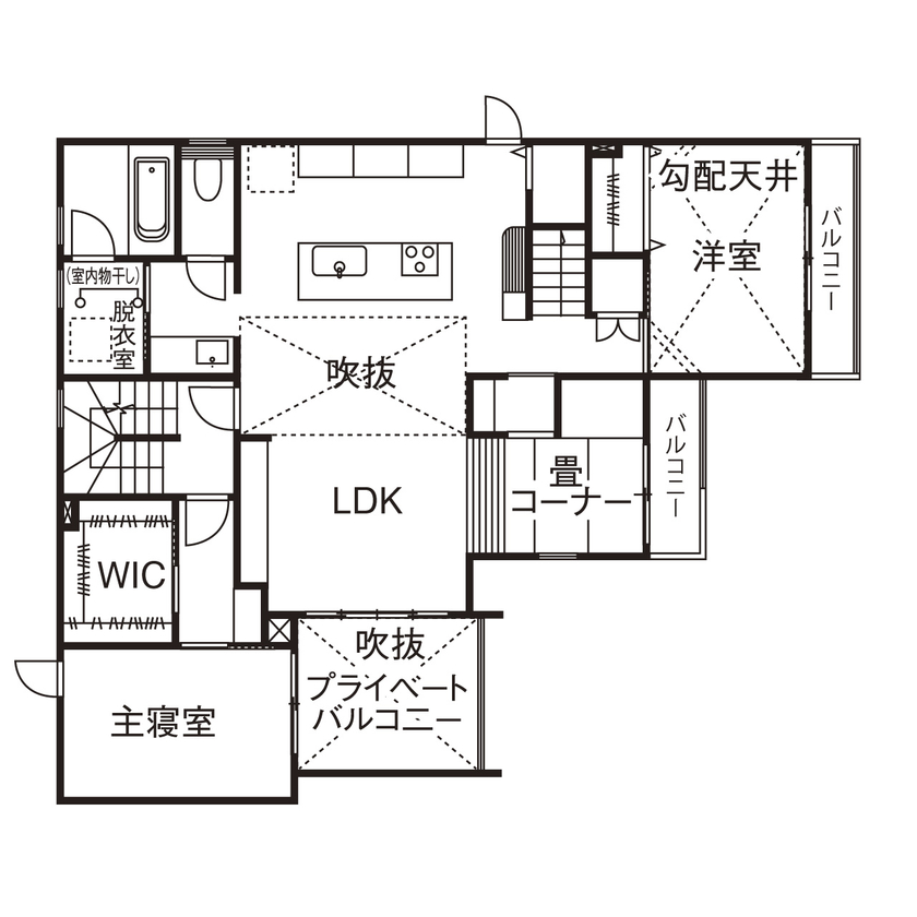 桧家住宅 【ビルトインガレージ／間取図】全館空調の快適さで健やかな暮らしを叶えた、完全分離型の二世帯住宅の間取り図（1LDK+2LDK+屋上）2階