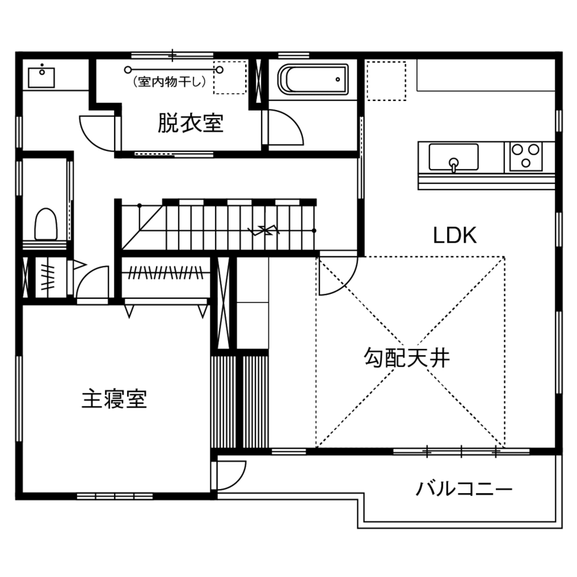 桧家住宅 【ビルトインガレージ／間取図有】屋上を楽しみ、趣味の道具をディスプレイした「隠れ家」のような住まいの間取り図（3LDK）2階