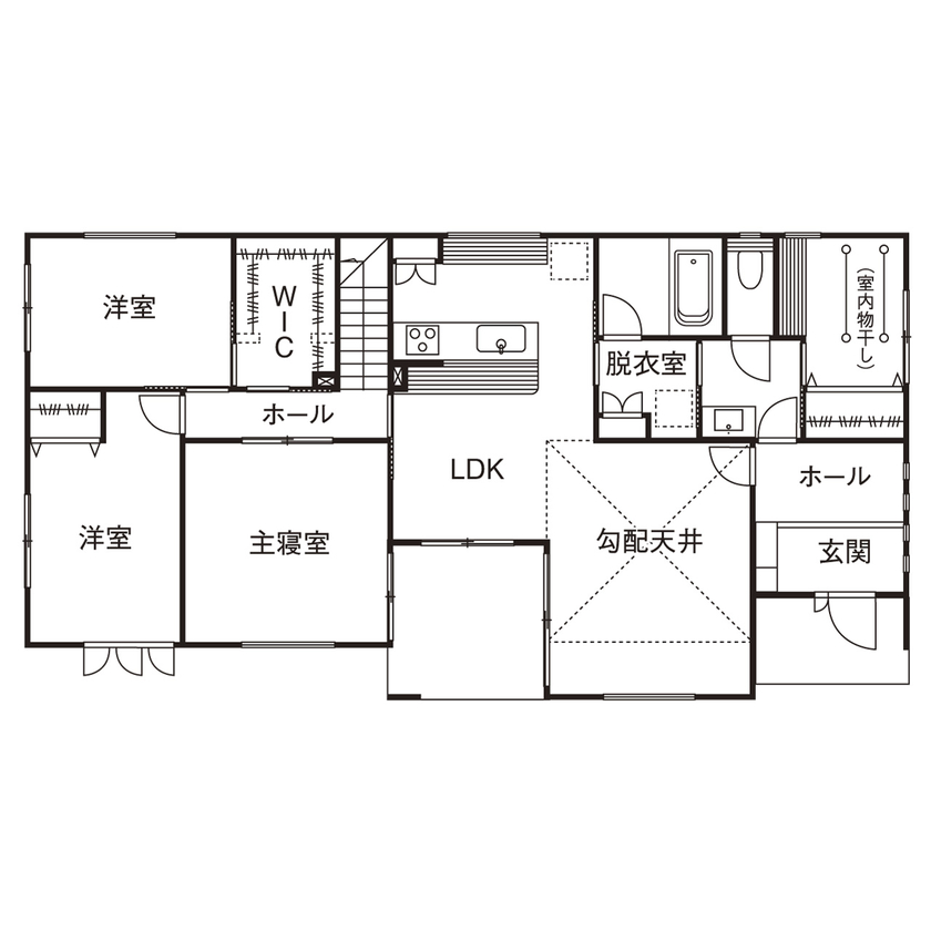 桧家住宅 【屋上／平屋／アトリエ／間取図】ビンテージテイストの内観と、モダンな片流れ屋根の躍動感が融合した平屋の間取り図（4LDK＋屋上）1階