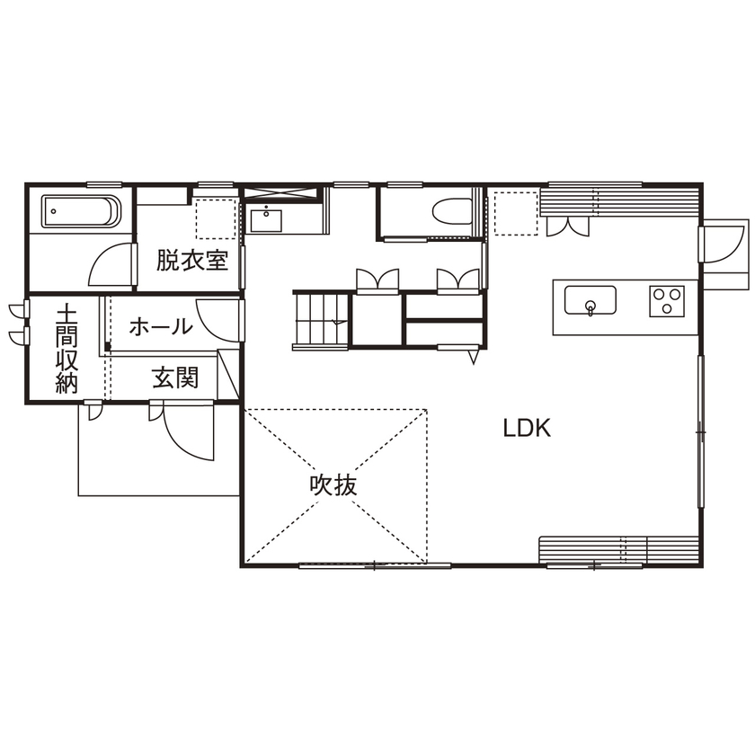 桧家住宅 【吹抜／北欧風／収納充実／間取図有】自然との心地いい調和を感じながら暮らす北欧風リゾートハウスの間取り図（3LDK+小屋裏）1階