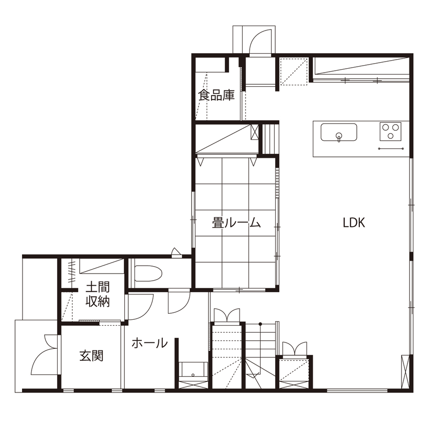 桧家住宅 【高台／ホテルライク／間取図】大きな窓の外に広がるパノラマを楽しむ、リゾートホテルのような住まいの間取り図（4LDK+小屋裏+屋上）1階