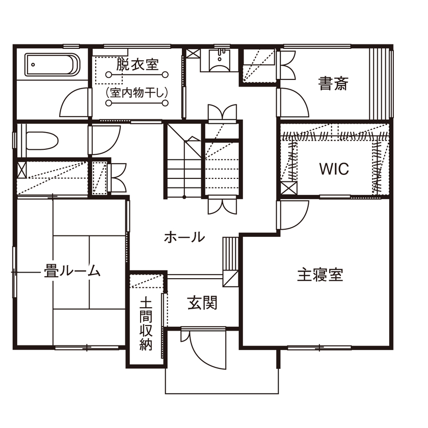 桧家住宅 【2階リビング／勾配天井／間取図】ウッディな素材感や間接照明の陰影を楽しむ「男前な家」の間取り図（4LDK+書斎+小屋裏収納）1階