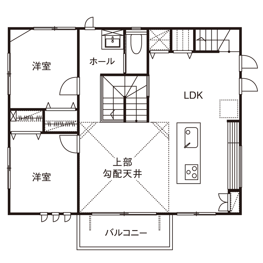 桧家住宅 【2階リビング／勾配天井／間取図】ウッディな素材感や間接照明の陰影を楽しむ「男前な家」の間取り図（4LDK+書斎+小屋裏収納）2階