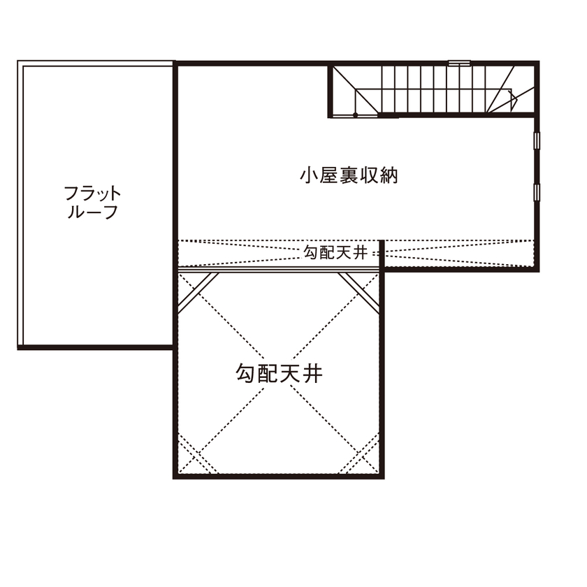 桧家住宅 【2階リビング／勾配天井／間取図】ウッディな素材感や間接照明の陰影を楽しむ「男前な家」の間取り図（4LDK+書斎+小屋裏収納）小屋裏