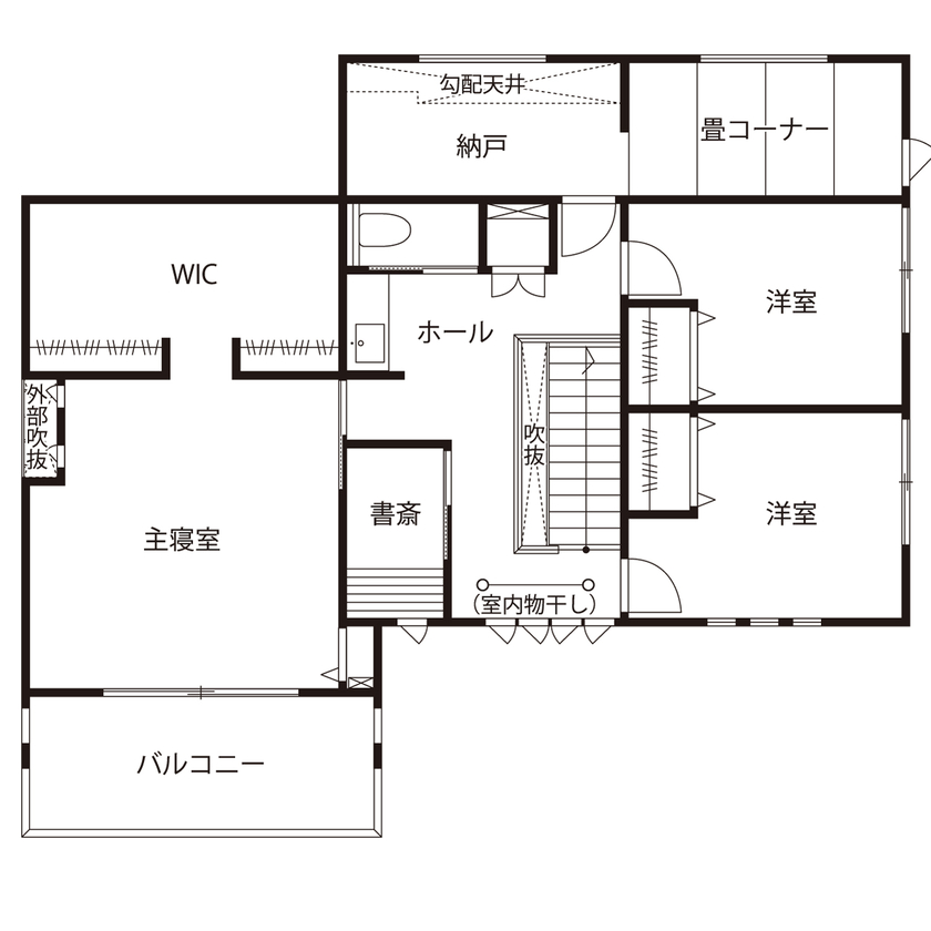 桧家住宅 【ホテルライク／収納充実／間取図】空間デザインにこだわり、ラグジュアリーホテルをイメージした住まいの間取り図（3LDK+畳コーナー）2階