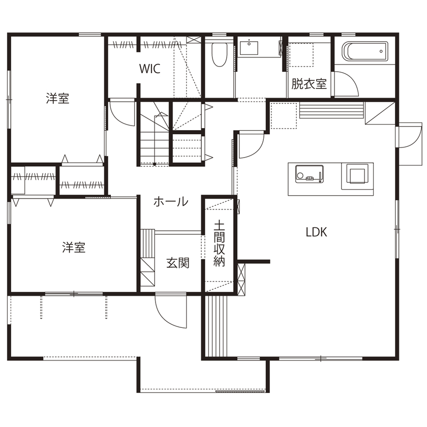 桧家住宅 【北欧／カフェスタイル／間取図】北欧カフェスタイルで演出し、遊び心溢れる「アトリエ」のある住まいの間取り図（3LDK+納戸+屋上）1階