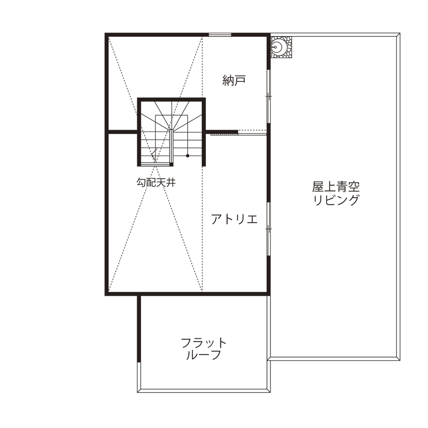 桧家住宅 【北欧／カフェスタイル／間取図】北欧カフェスタイルで演出し、遊び心溢れる「アトリエ」のある住まいの間取り図（3LDK+納戸+屋上）2階