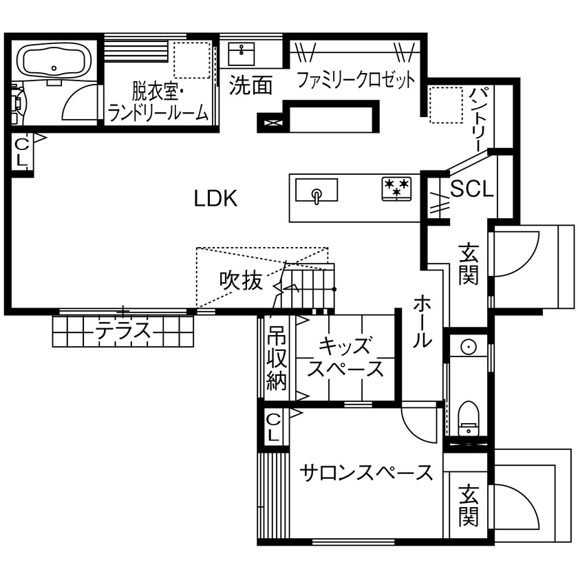 昭栄建設 【店舗併用住宅/三重県/間取り】格好いいと可愛いをバランスよく。ハーフ＆ハーフのおしゃれな家の間取り図（5LDK＋キッズスペース）1階