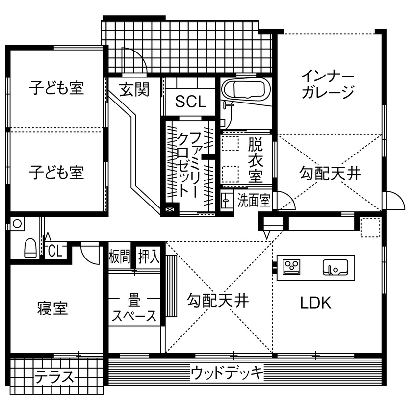 昭栄建設 【平屋/2000万円台/三重県/間取り】回遊動線の「神間取り」。ガレージから洗面室・浴室へ直行OK！の間取り図（3LDK＋畳スペース）1階