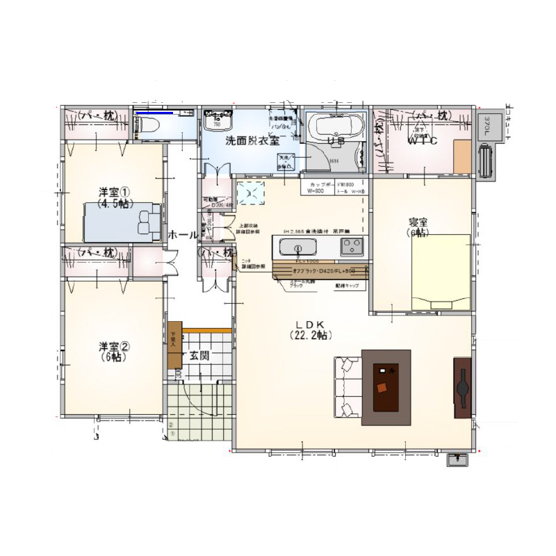 ホームサポート【佐賀県全域・福岡県南西部】 落ち着いたブルーのおしゃれな平屋住宅。分散と用途に配慮した収納や22帖の広々LDK、使いやすい動線の家の間取り図（3LDK）１階