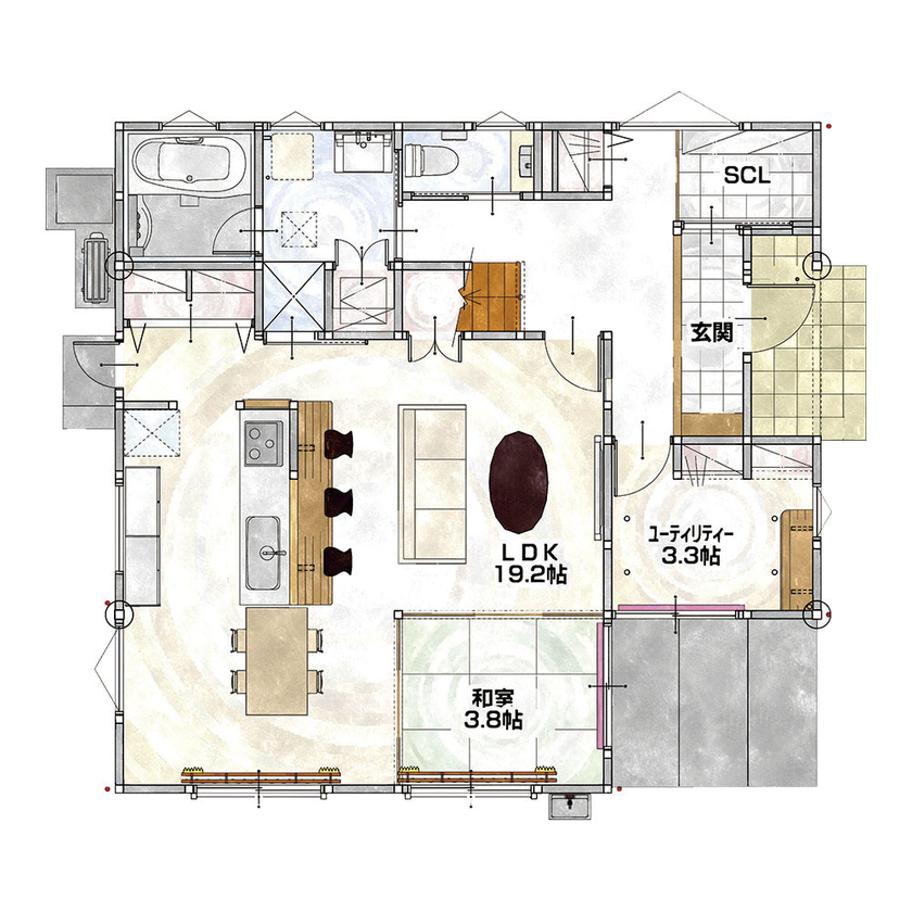 ホームサポート【佐賀県全域・福岡県南西部】 広々大開放空間のLDKと大容量収納！読書スペースやアウトドアリビング共用収納がある施主様満足の家の間取り図（4LDK+ユーティリティ）１階
