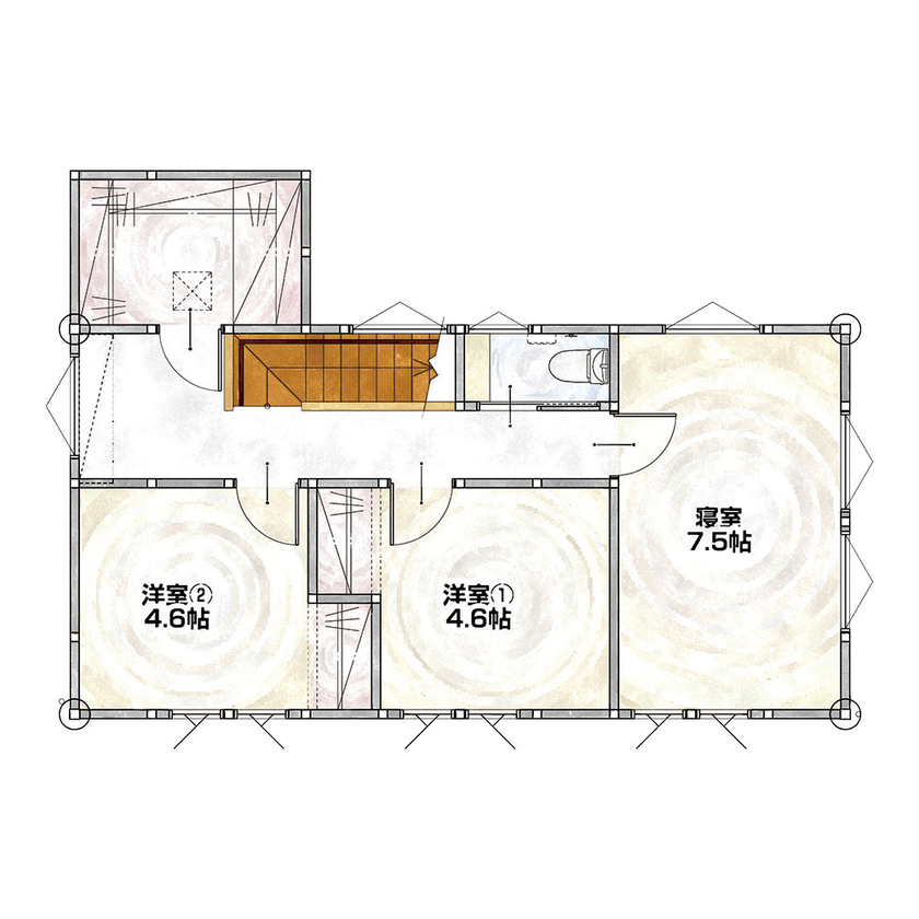 ホームサポート【佐賀県全域・福岡県南西部】 広々大開放空間のLDKと大容量収納！読書スペースやアウトドアリビング共用収納がある施主様満足の家の間取り図（4LDK+ユーティリティ）２階