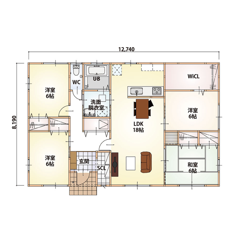 ホームサポート【佐賀県全域・福岡県南西部】 通り抜け動線＋しっかり収納の平屋。さらに低コストで資金に余裕が生まれたことでこだわりをプラスした家の間取り図（4LDK）１階