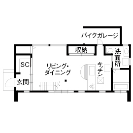 アオイ建設　一級建築士事務所 【相模原エリア/2000万円台/32坪/間取り図】バイク用ビルトインガレージを叶えた デザインに大満足の住まいの間取り図（3LDK）1階