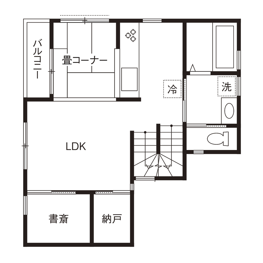 アオイ建設　一級建築士事務所 【2000万円台/27.7坪/間取り有/防音室/屋上】見晴らしの良さを活かした屋上と趣味を満喫する防音室がある家の間取り図（3LDK）2階