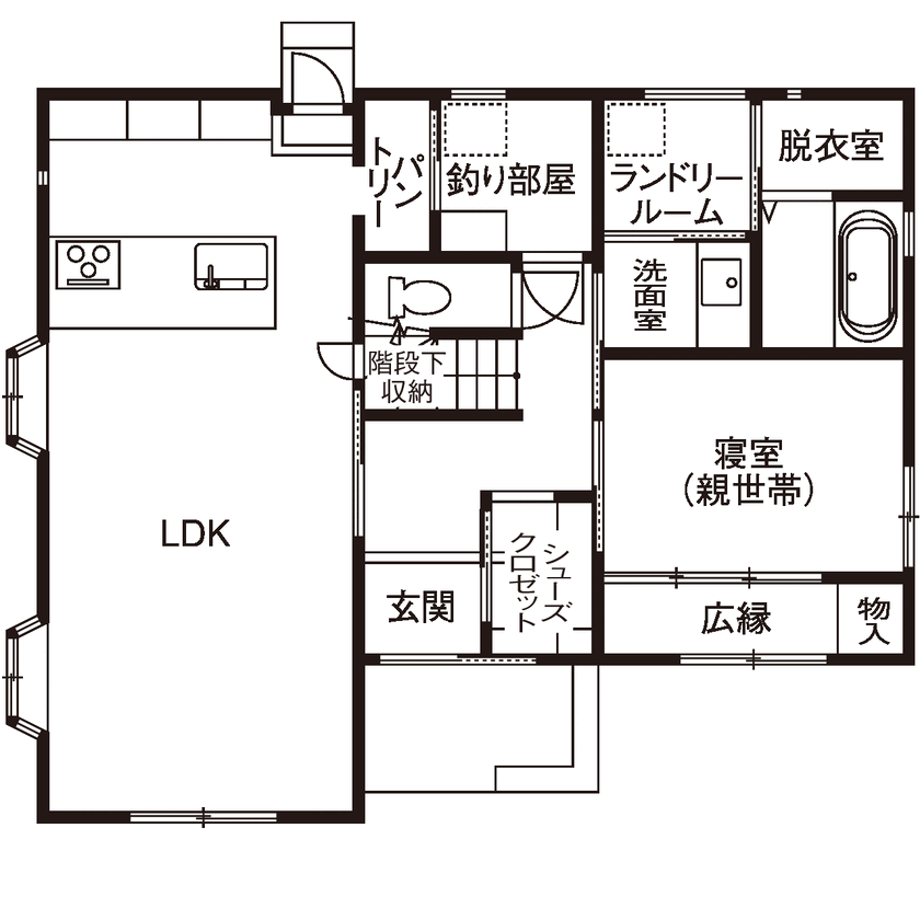 アオイ建設　一級建築士事務所 【3000万円台／二世帯／間取り図有】お母様との暮らしも、趣味の楽しみも全部叶えた、シック＆モダンな空間の間取り図（4LDK+小屋裏）1階