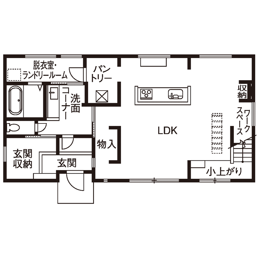 アオイ建設　一級建築士事務所 【3000万円台／アイランドキッチン／間取り図有】LDKは45平米以上で雲梯付き！思いきり楽しむマイホームの間取り図（3LDK+小屋裏収納）1階