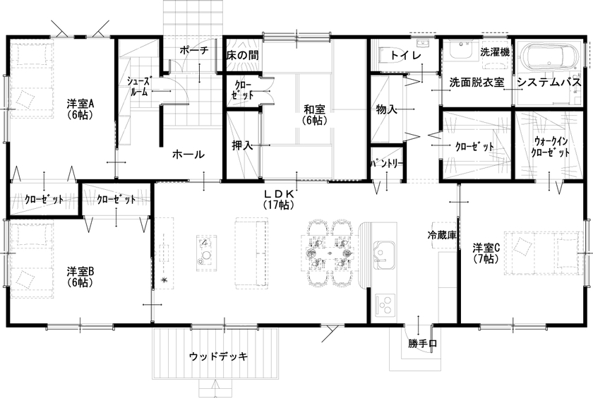 新日本ホームズ 【2000万円～2500万円で建てた家】冬もやさしい光が巡るリビングがお気に入り。無駄なく快適、大人の平屋の間取り図（4LDK）1階