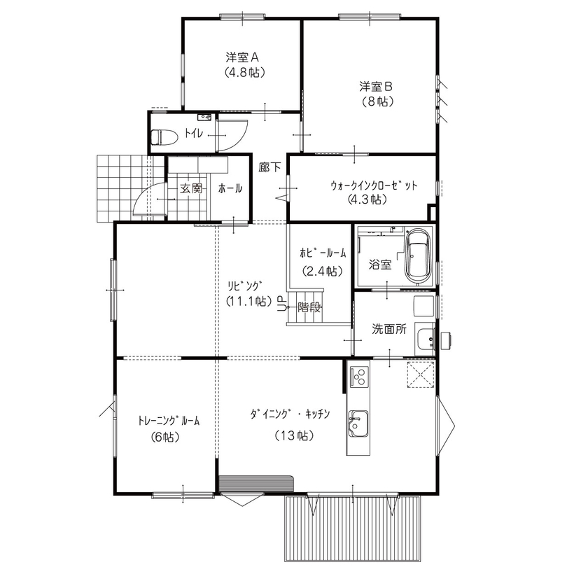 新日本ホームズ 【2000万円～2500万円で建てた家】全館空調の平屋。中2階の秘密基地、雲梯（うんてい）のある楽しい家の間取り図（4LDK）1階