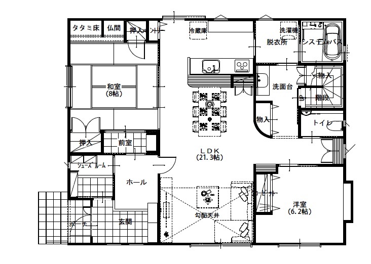 新日本ホームズ 【2500万円～3000万円で建てた家】家族の成長をイメージした家づくり、美しく使い心地のよい住まいの継承の間取り図（5K以上）1階