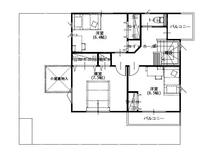 新日本ホームズ 【2500万円～3000万円で建てた家】家族の成長をイメージした家づくり、美しく使い心地のよい住まいの継承の間取り図（5K以上）2階