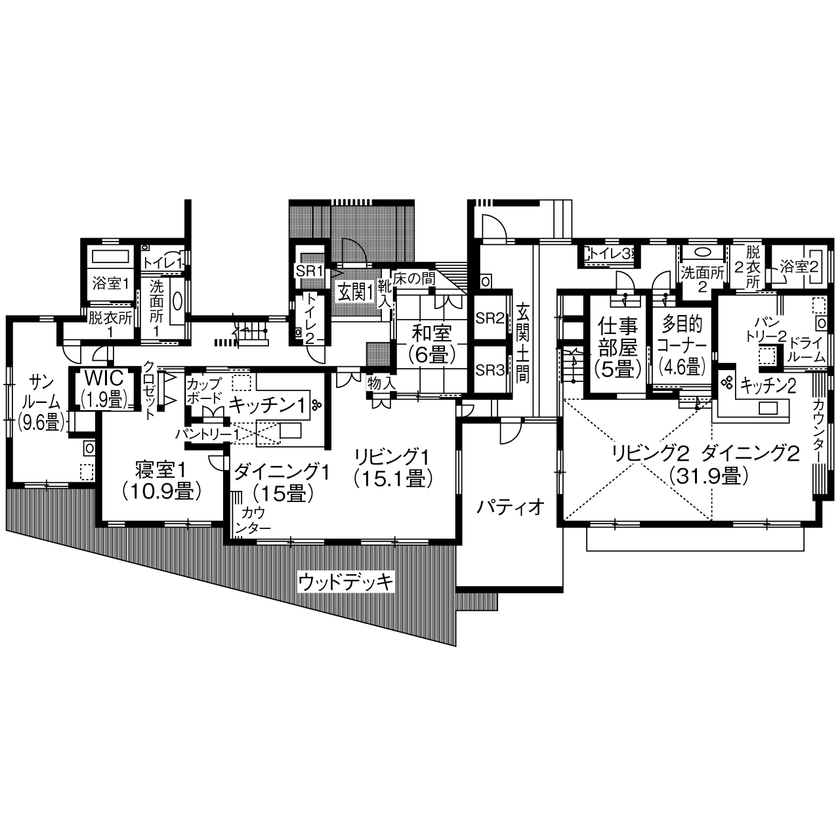 新日本ホームズ 【4000万円～で建てた家】土間からパティオへ一直線。楽しみが広がる、技あり二世帯住宅の間取り図（5K以上）1階