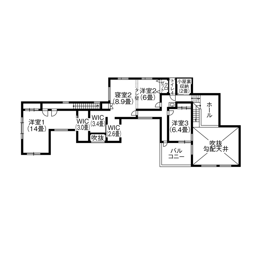 新日本ホームズ 【4000万円～で建てた家】土間からパティオへ一直線。楽しみが広がる、技あり二世帯住宅の間取り図（5K以上）2階