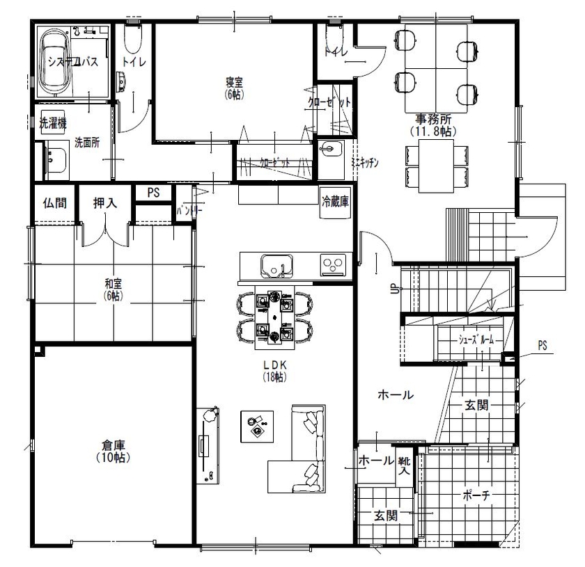 新日本ホームズ シンプルモダンなデザインとゆとりある快適な暮らしを意識した住まいの間取り図（7LDK＋店舗）１階