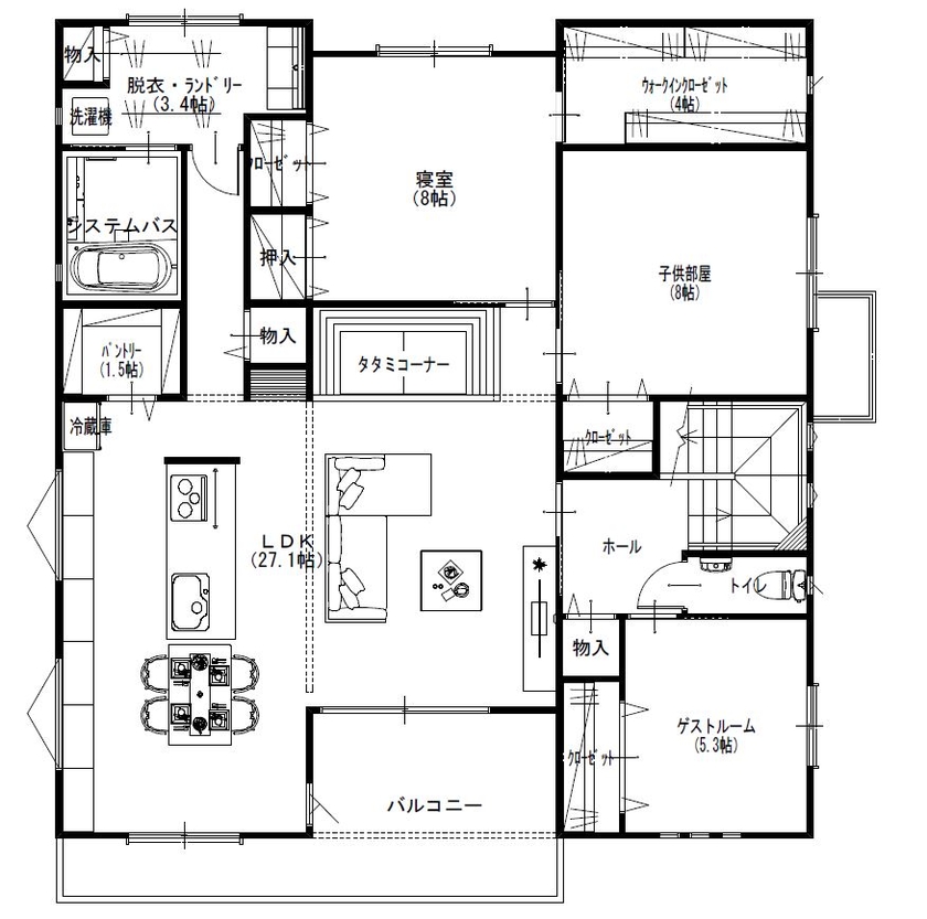 新日本ホームズ シンプルモダンなデザインとゆとりある快適な暮らしを意識した住まいの間取り図（7LDK＋店舗）2階