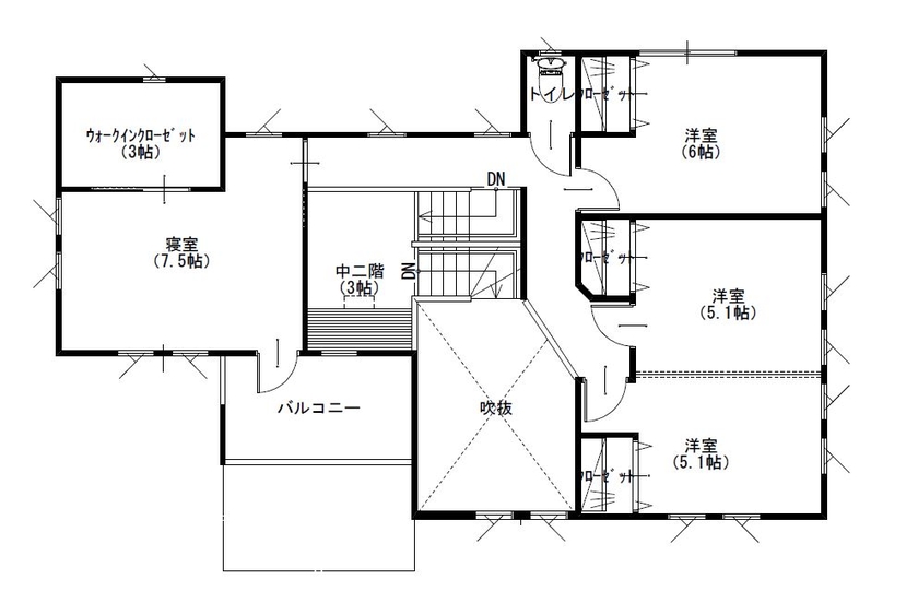 新日本ホームズ 家族のコミュニケーションを意識したデザイン性と機能性を併せ持つ住まいの間取り図（５LDK）２階