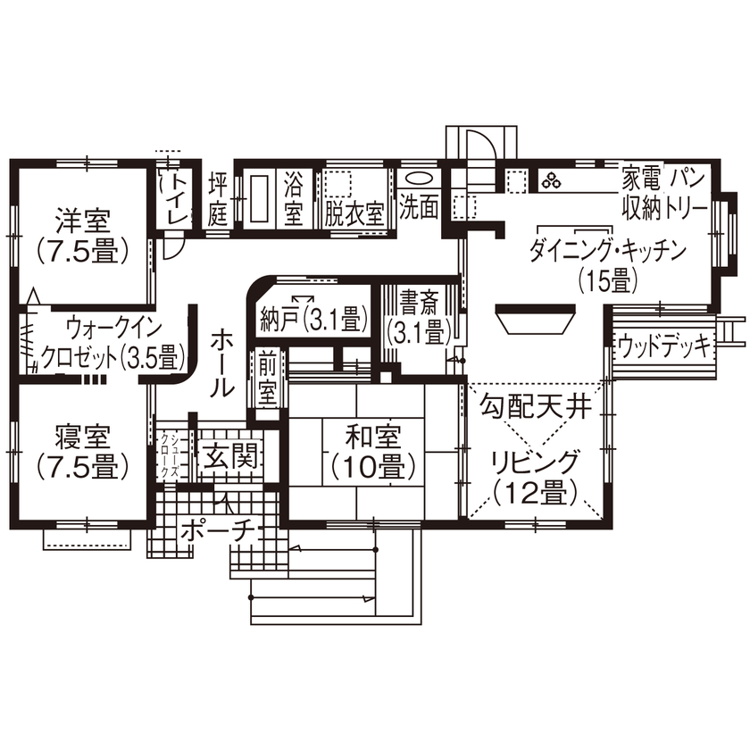 新日本ホームズ 【庭を眺めるリビング・組子扉・R壁の広々廊下・御影石の前室】こだわりが随所に詰まった平屋の間取り図（3LDK）1階