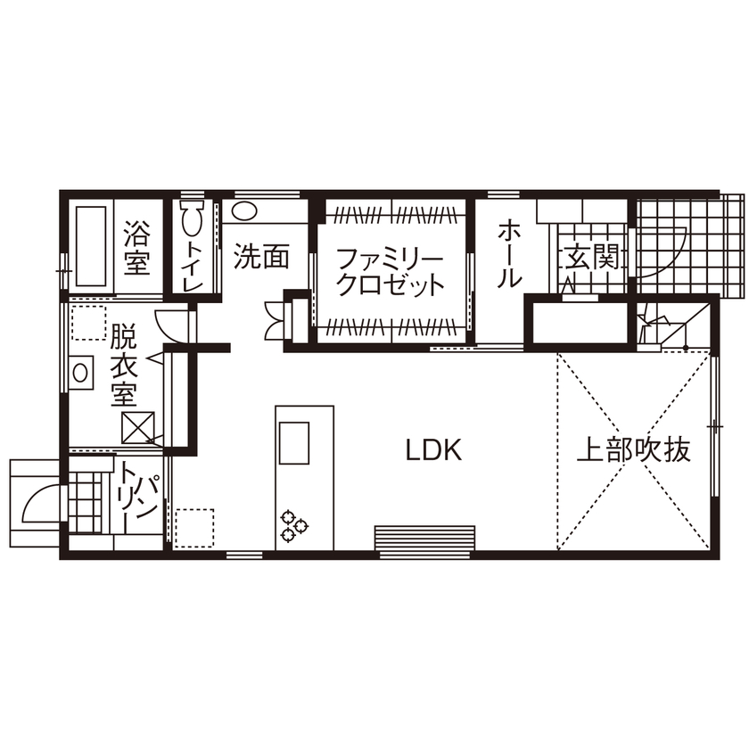 新日本ホームズ 【ファミリークロゼット／回遊式動線／テレワーク】日々の暮らしから導きだした、家族にぴったりの動線の間取り図（2LDK）1階