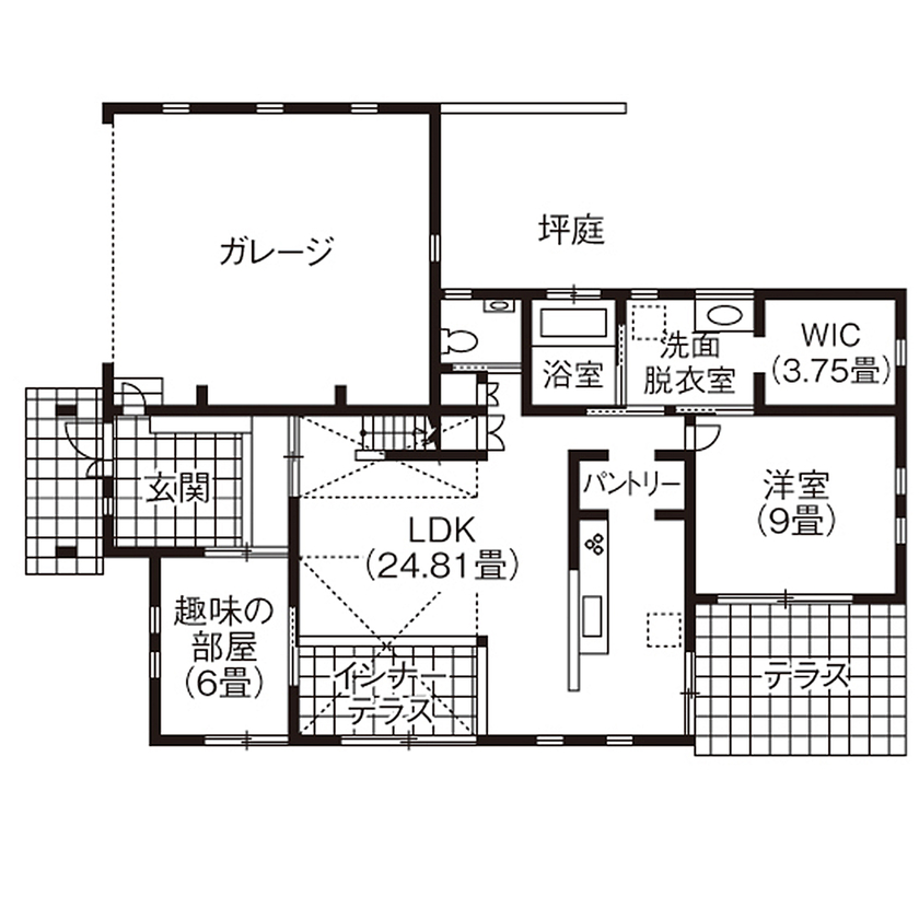 大東住宅 【3140万円/白石市/平屋ガレージハウス/間取有】人も猫も楽しく暮らせる！性能、コストのバランスに納得の間取り図（2LDK）1階
