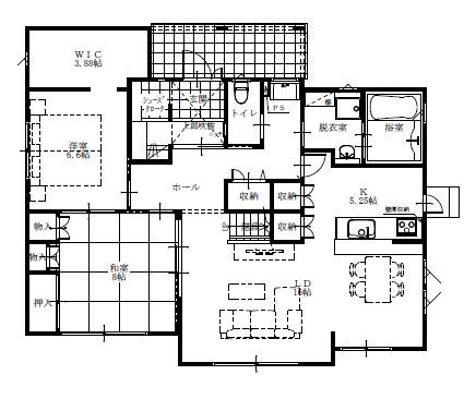 大東住宅 【3200万円/愛犬と暮らす/土地探しから/間取有】外断熱で実現した快適さ。小屋裏はご主人の秘密基地に！家の間取り図（5K以上）１階