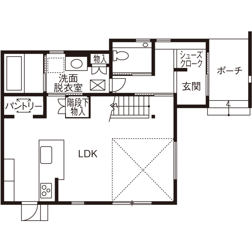 大東住宅 【2000万円台/吹抜け/リビング階段】開放感と木の香りに癒されるLDK。面積以上に広く感じる工夫にも注目の間取り図（2LDK）1階