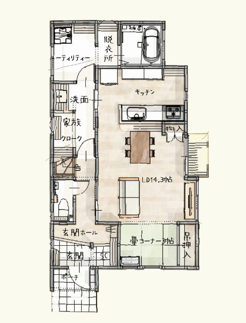 オフィスHanako 大好きなテイストを散りばめた可愛い空間。便利で暮らしやすい動線や性能を備えた住まいの間取り図（3LDK）1階