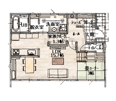 オフィスHanako 住むほどに味わい深い住まい無垢床の心地よいおうちの間取り図（3LDK）1階